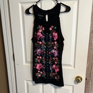 INC International Concepts Black Tank Top with Pink & Purple Floral Embroidery